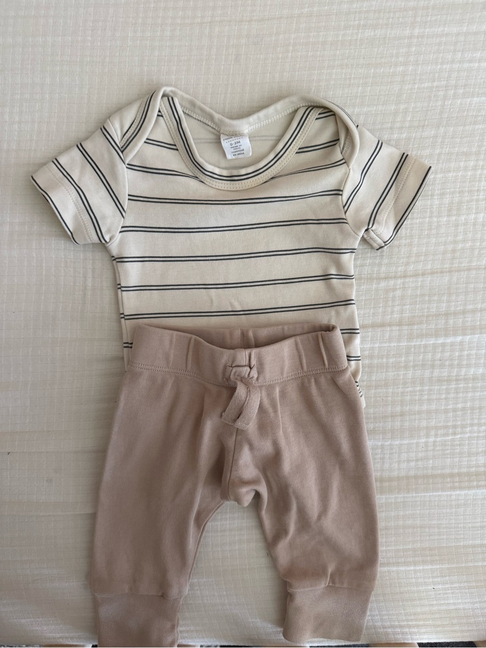 Colored Organics Baby Outfit- Striped Neutral Baby Onesie & Taupe Joggers, EUC